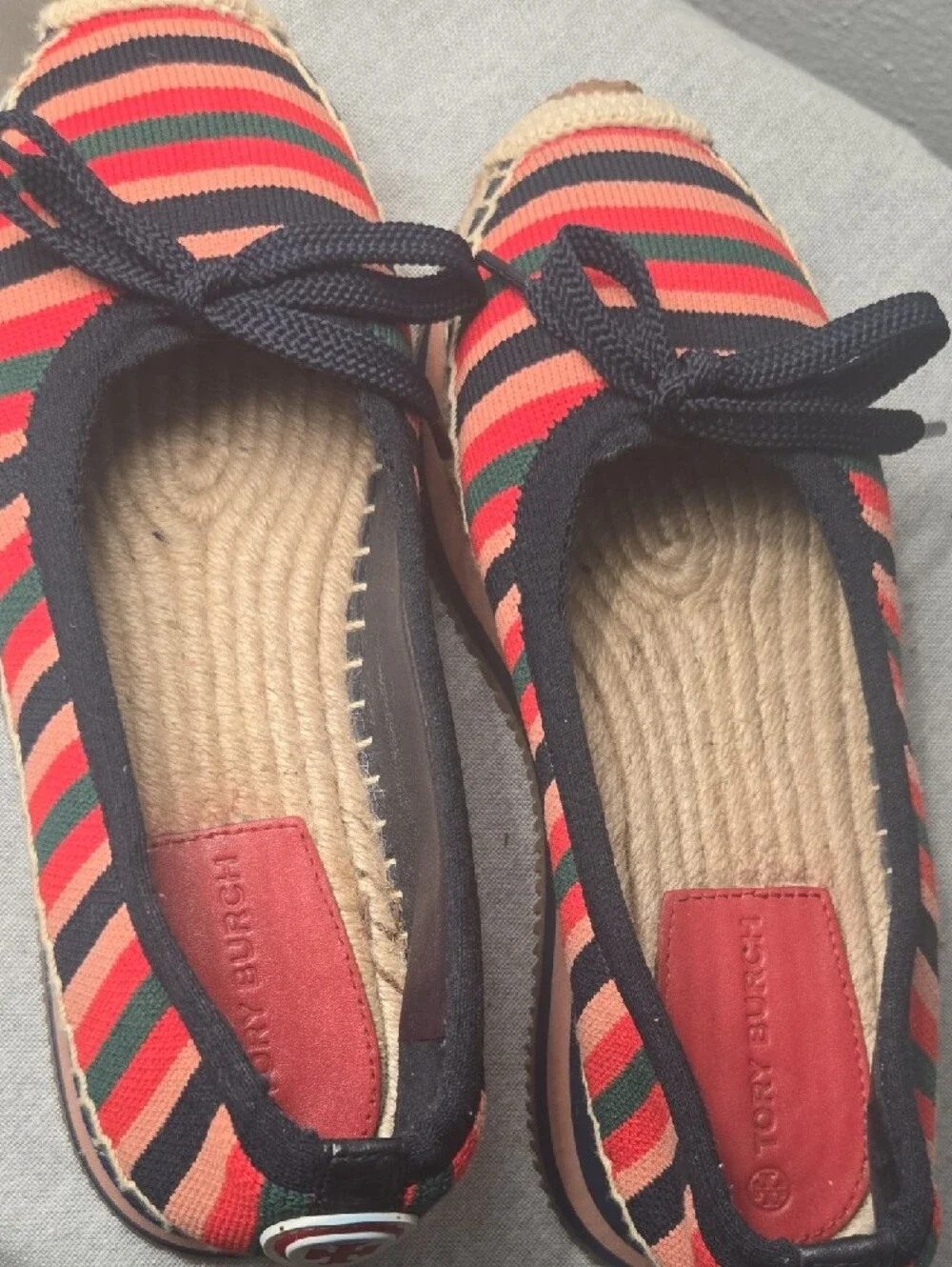 Tory Burch Striped Canvas Espadrilles in Coral, Navy & Green, 7